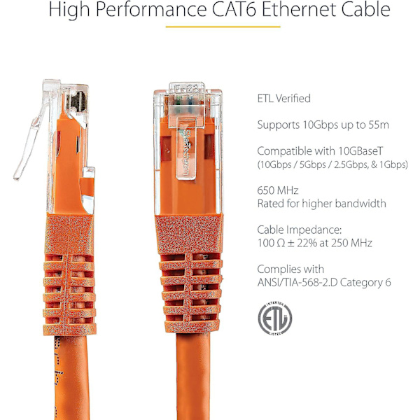 20ft Cat6 Ethernet-kabel - Orange Cat 6 Gigabit Ethernet-tråd - 650mhz 100w Poe Rj45 Utp Gjutna nätverk/patchkabel med dragavlastning/