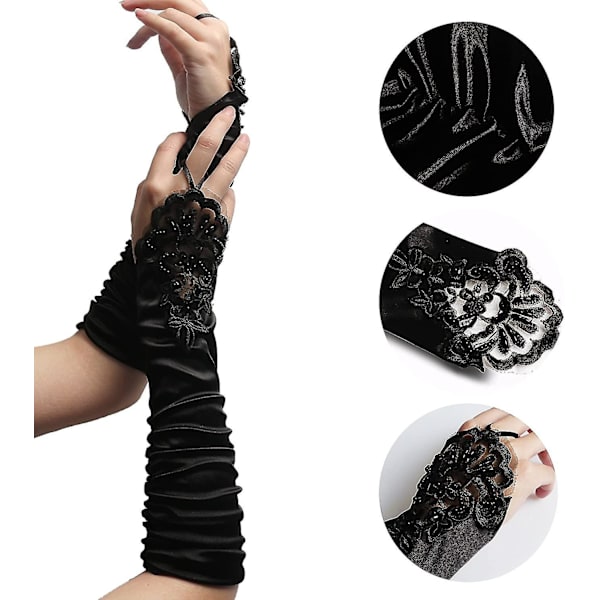 Svarta handskar Långa handskar 1920-tals accessoarer Kostym Fingerless handskar för kvinnor Roaring 20-tals accessoarer Klassiska satinhåriga handskar i armbågslängd (s12)