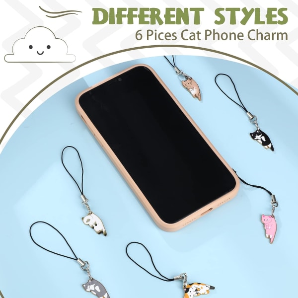 6 delar kattberlock för mobiltelefon Kawaii mobiltelefon berlockrem Söt hängande katt ryggsäck, plånbok, nyckelring hängande tillbehör