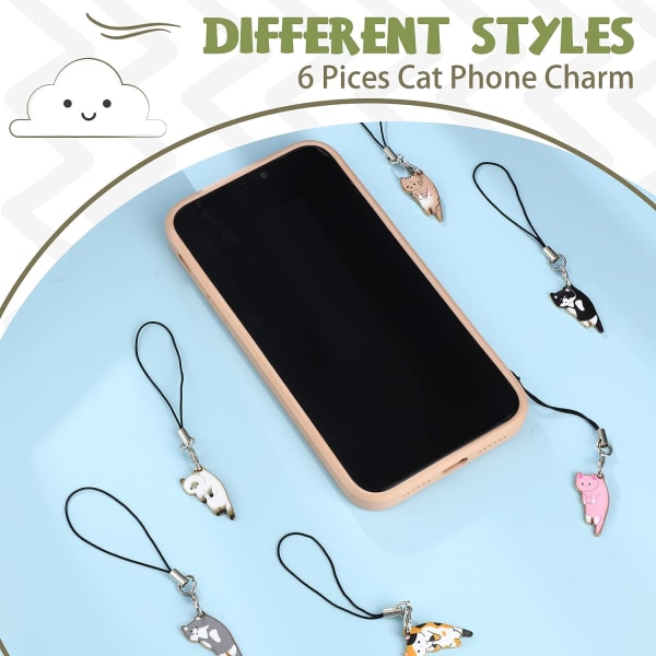 6 Pieces Cat Charm for Mobile Phone Kawaii Cell Phone Charms Strap Cute Hanging Cat Backpack, Wallet, Keychain Pendant Accessories