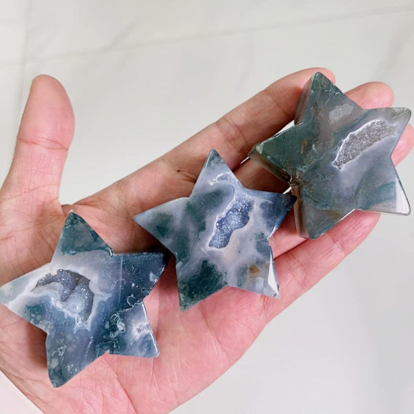 Naturlig Mos Agat Krystal Stjerneformet Ædelstene Krystaludskæring Håndværk Palmsten Tumbled Poleret Chakra Sten Worry Stone DIY Je