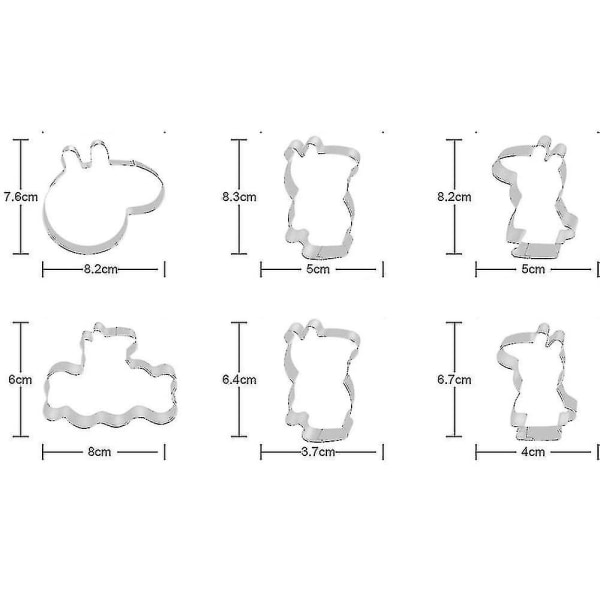 Rustfrit kageform i rustfrit stål - 6-delt tegneseriesæt med griseforme til bagning