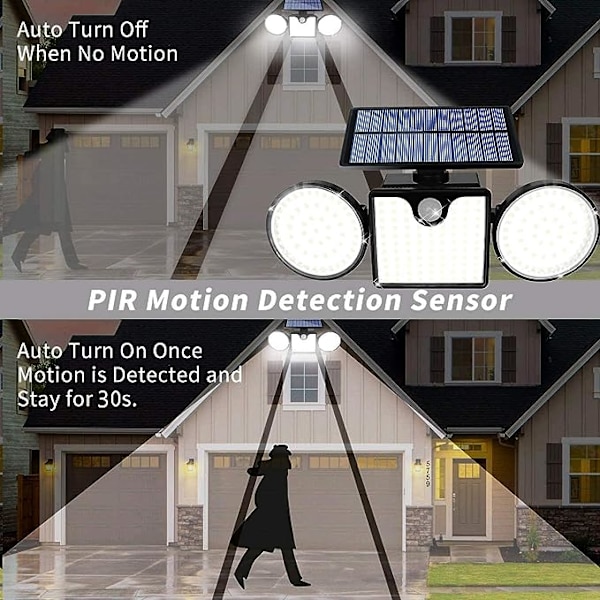 Solcellelamper utendørs 260 LED solcelledrevne vegglamper med bevegelsessensor Dobbelhode spotlights IP65 Vanntett 360° Justerbare solbevegelseslamper ut