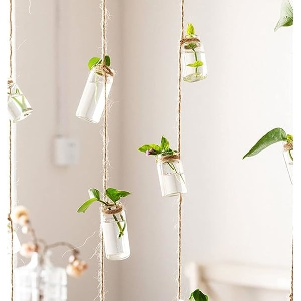 Vegghengende plantekasser, Wind Chimes Style Dekor Glassvase med lintau Blomsterplanter Hengeglass for hydroponiske planter Hjemmehagedekor (8 * 3 cm)