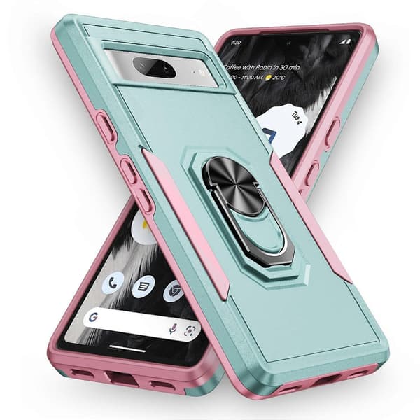 Til Google Pixel 7a-deksel Militærgradert ringstativ PC + TPU-telefondeksel Green