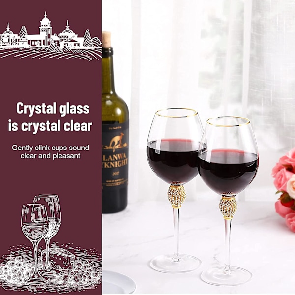 2 stk. Rynstensteinsrøde vinglass med kant, tulipanformet diamantvinglass, lang stilk, glass for bryllup, fester, jubileum (gull)