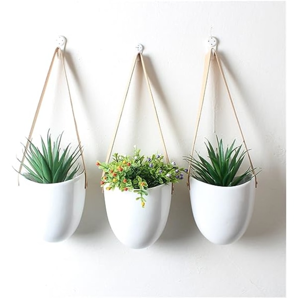 Planterkruka Set med 3 keramiska hängande planteringskärl för suckulenta luftväxter Blomkrukor med läderrem Väggblomkrukor Hemträdgård Dekoration Plantering