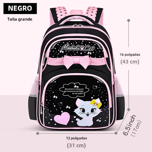 Børns skuldertaske til folkeskoleelever, rygsæk til piger i 1., 2., 3., 4., 5. og 6. klasse, 6-12 år Black and Pink Large