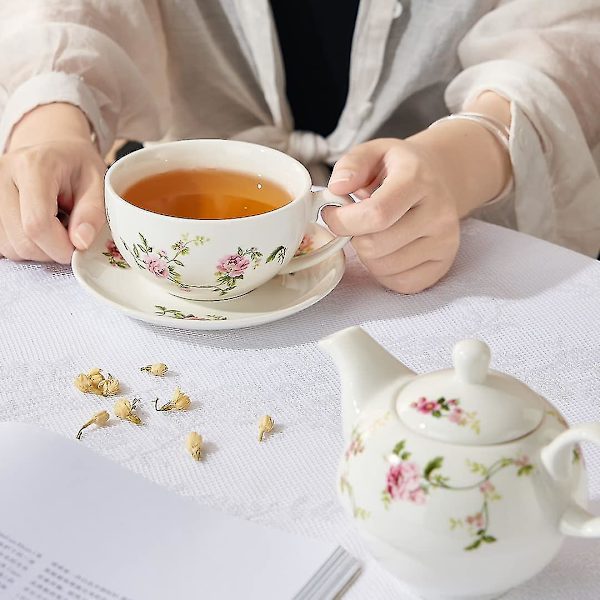 Porcelæn Te Til En, Blomster Tekande Og Kop Sæt, Rattan Blomster
