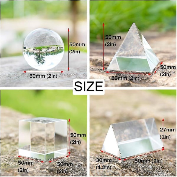 4st K9 optisk kristallfotograferingsprisma set med kristallkula, kristallkub, triangulär prisma, optisk pyramid för vetenskap
