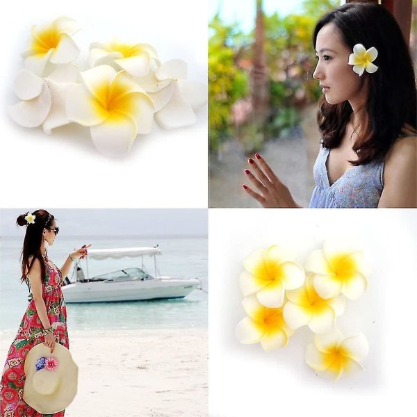 100-pack Vita Skum Hawaiianska Frangipani Konstgjorda Plumeria Blomsterblad Hårklämma