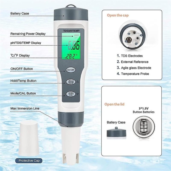 3-in-1 Digitaalinen pH-mittari vedelle, TDS/pH/lämpötilamittari, veden testaaja juomavedelle, uima-altaalle, hydroponiikalle