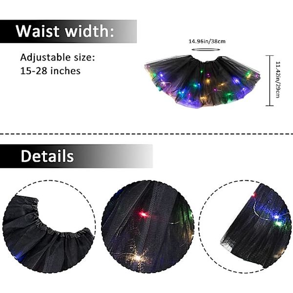 2-8-vuotiaille tytöille LED-valoilla varustettu tutu-hame, keiju-tutu, lapsille tarkoitettu juhla-asu, baletti-kerrospuku - musta