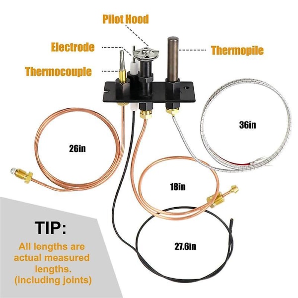 Propanoppsett for peis med naturgass, inkludert pilotrør, termoelement og tennledning