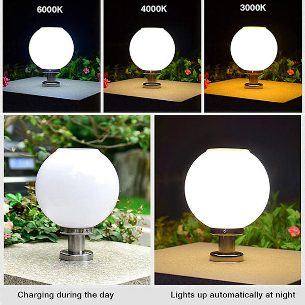 Led solcells grindstolpe lampa utomhus, trådlös rund boll trädgårdsstolpe ljus, däck och uteplatsbelysning Ip65 vattentät, rostfritt stål, fjärrkontroll, dimbar