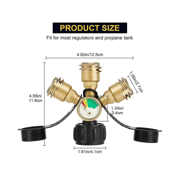 3-tiehaarainen propaanijakaja, 3 Y propaanikaasujakajasovitin mittarilla ja sulkuventtiilillä, propaaninruskea