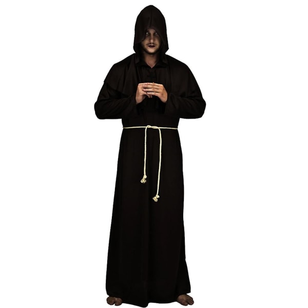 Keskiaikainen Pappi Munkki Kaapu Huppu Halloween Cosplay Puku Viitta Noita Noiturille - Koko Xl (musta)