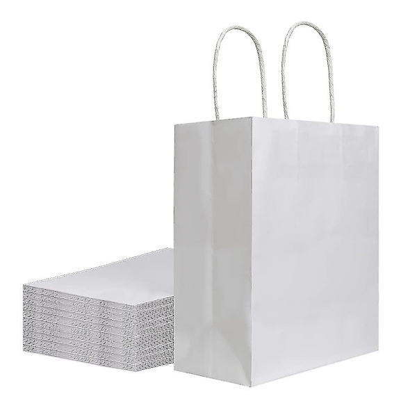 25-pakning 10,2x4,7x12,9 tommers mellomstore hvite kraftpapirposer med håndtak i bulk