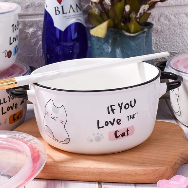 Ceramic Soup Bowl with Lid and Handles, Cute Cartoon Cat Cereal Bowl for Soup Instant Noodle (Gray)