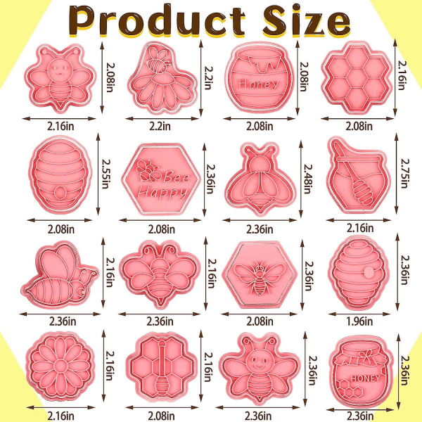 16 stk Bie-Kakeutstekere med Stempler Sett Mini Bie Honningkake Kake Stempler 3D Plast Kjeksform Fondant Kake Stempler