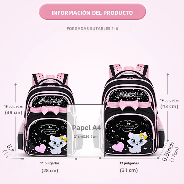 Børns skuldertaske til folkeskoleelever, rygsæk til piger i 1., 2., 3., 4., 5. og 6. klasse, 6-12 år Black and Pink Large