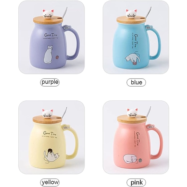 Søde Keramik Katte Kopper med Ske og Trælåg, Tekop Kaffe Vand Mælk Kop til Hjem Kontor Drikkevarer Gave (Gul)
