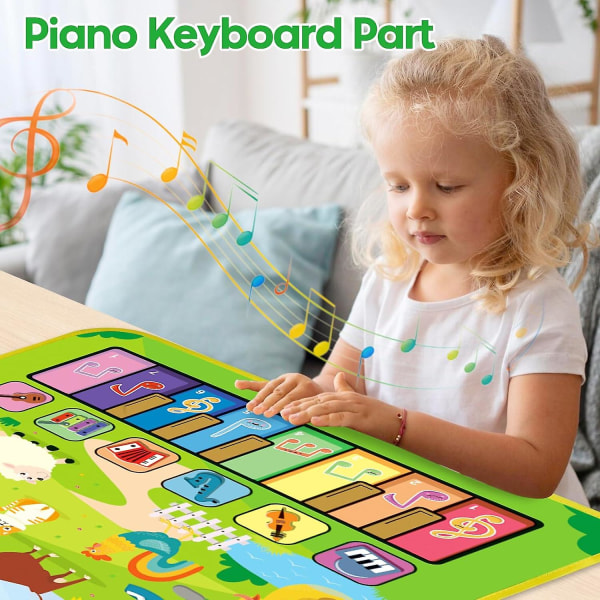 3 i 1 musikalsk matte for småbarn 1-3, pianomatte og trommematte med 2 pinner, tidlige pedagogiske læreleker i 12-18 måneder Baby, Animal Touch Play Blan