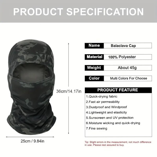 Fugtabsorberende Camouflage Balaclava Hat til Udendørs Sport, Vandreture og Cykling - Solbeskyttelse og Komfortabel Hovedbeklædning