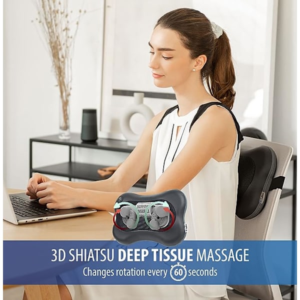 Shiatsu rygg- og nakkemassasje - 3D elting dypvevsmassajepute med varme for muskelavslapping, stoler og biler - Svart (ZMA-13-BK)