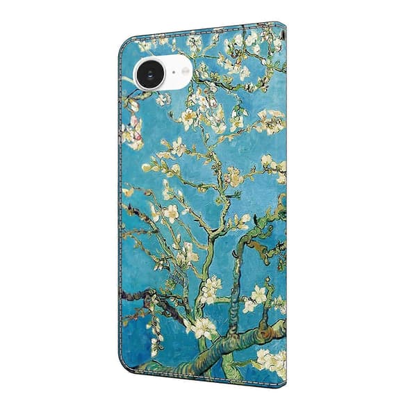 För iPhone 16e Läderfodral Mönstertryck Plånboksställ Flip Telefonfodral Apricot Blossom