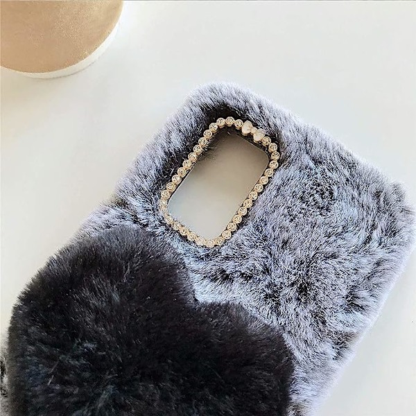 Kompatibel med iPhone 13 Pro Max Fuzzy Fluffy Etui til Kvinder Piger 3D Sød Pels Plys Hjerte Bling Diamant Bue Varm Glat Pels Hår Design Blød Rubbe