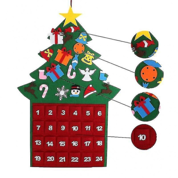 Filt Juletræ Vægkalender Jul Nedtællingskalender Julehængende dekorative kalender