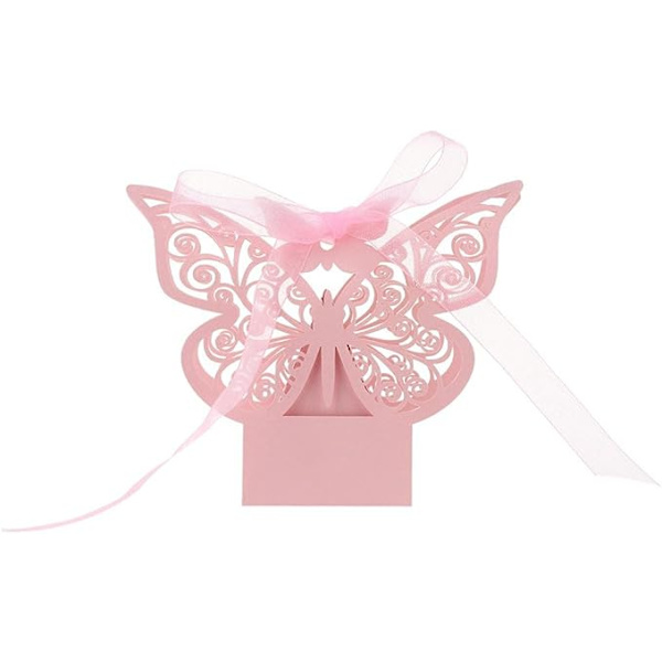 50 stk. Laser Skåret Butterfly Bryllupsgaveæske med Organza Bånd Fødselsdagsfest Slikæsker
