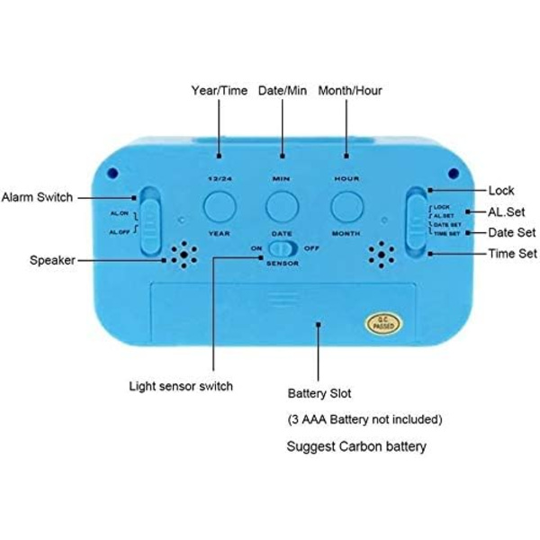 Stor Tal Alarmur, Elektronisk Ur Batteridrevet, Baggrundsbelysningssensor Digitalt Ur med Tid Temperatur Dato (Blå)