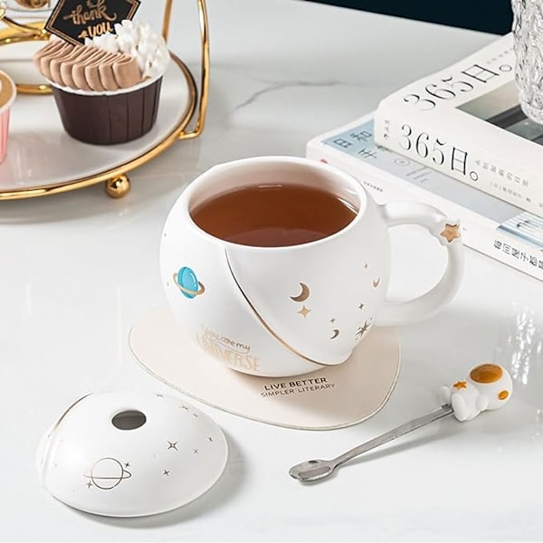 Söt Astronaut Mugg Med Lock Och Sked, Kawaii Kopps Nostalgisk Mugg För Kaffe, Te Och Mjölk, Mugg Present Vit 400ml/15oz
