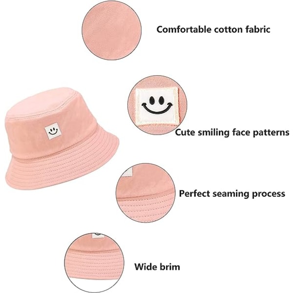 Solhatt for barn med smilende ansikt, bøttehatt for jenter og gutter, sommer solbeskyttelse bomull unisex strandlue