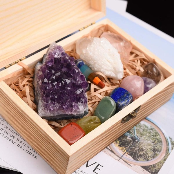 11 stk Healing Crystals Set, Chakra Stones Kit i gaveeske Naturlig Ametyst Cluster Quartz Crystal Mineral Eximen Healing Stones R