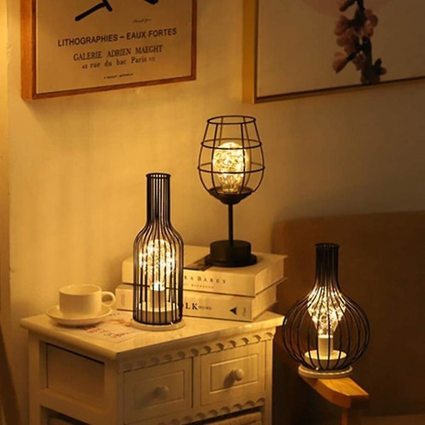 Svart metalltrådsbordlampa, modern järnkorgsstil nattlampa, retro sänglampa sidoljus batteridriven