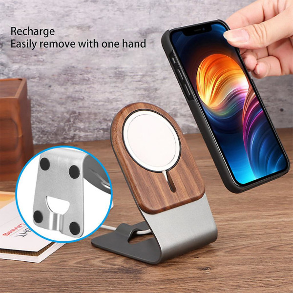 Trådlös Magnetisk Laddningshållare i Trä för Mag-Safe Snabbladdning USB-Port Stativ