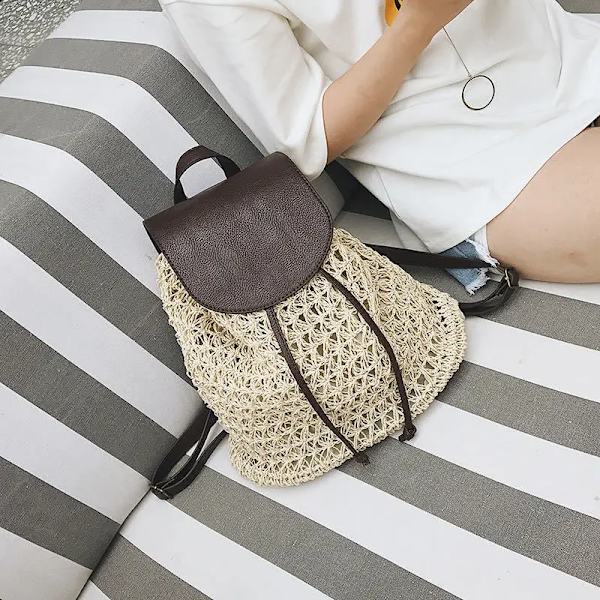 Kvinnors dragsko ryggsäck mode halm väska stor kapacitet resväska axelväska sommar strandväska beige