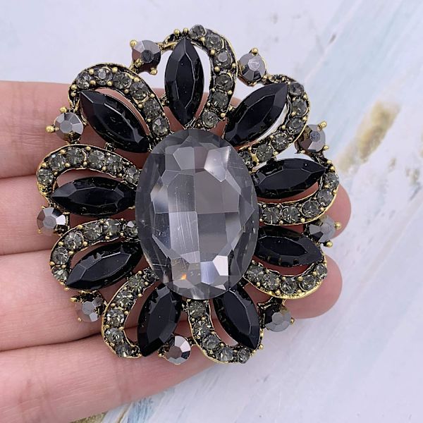 Blomster Rhinestone Statement Brosje Nål Tilbehør Antikk Gulltone