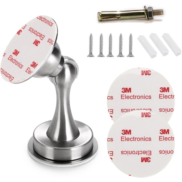 Magnetisk Dörrstopp i Rostfritt Stål med Fäste, 3M Självhäftande/Skruvmonterad, Golv- eller Väggmonterad - Stark Magnetdesign (Silver)