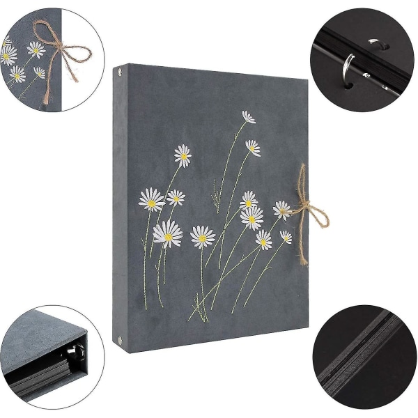 Photo Album To Design Yourself With Daisy Embroidery Cover, Black Pages Photo Book Linen