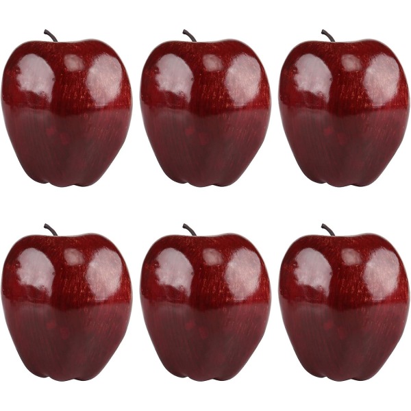 6 stk kunstig rødt eple falsk frukt hus kjøkken festdekorasjon, faux store røde epler, 7,5*8,5 cm