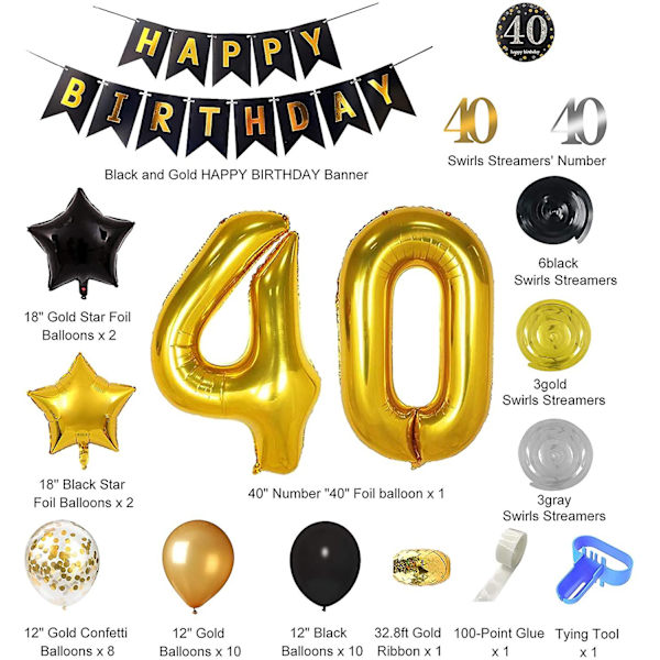 40-års fødselsdagsdekorationer til mænd og kvinder, sort og guld festdekorationssæt - Tillykke med fødselsdagen banner sorte og guld balloner konfettiballoner hvirvler