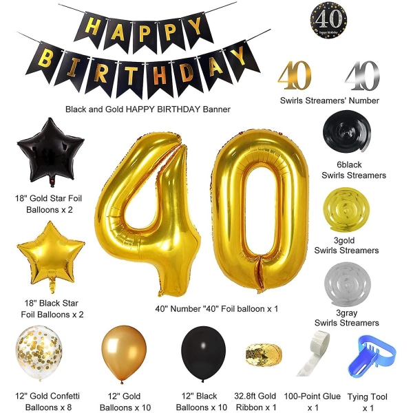 40-årsdag Dekorationer för Män Kvinnor, Svart och Guld Fest Dekorationer Kit - Grattis på Födelsedagen Banner Svart och Guld Ballonger Konfetti Ballonger Virvlar