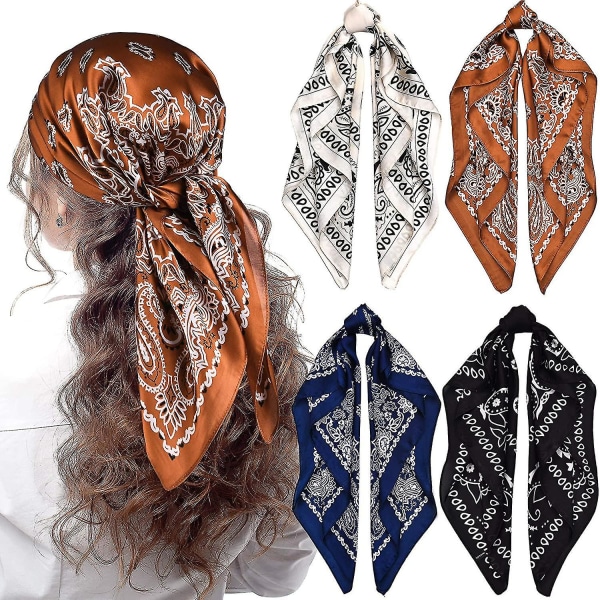 4 stycken 27 tum satin pannband scarfs silkeskänsla bandana boho huvud scarfs för kvinnor flickor (klassiskt mönster)