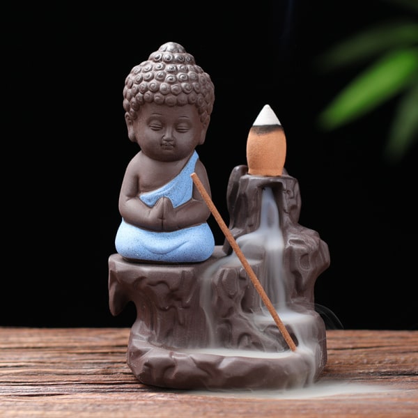 Rökelsebrännare rök vattenfall reflux staty keramik keramisk Buddha staty liten munk torn konisk stång asksamlare med 20 reflux rökelse kon (blå