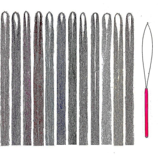 Hår Tinsel Kit strängar med verktyg 47inch 12 färger strängar Fairy Hair