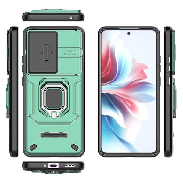 Mobilfodral för Oppo Reno11 F 5G med Ringstativ, PC+TPU Bakskal med Skjutbar Kameraskydd - Grön